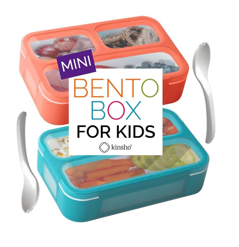 Kinsho Snack Containers - MINI Bento Box, Small Lunch Boxes for Kids Toddlers Boys Girls, Leakproof 3 Compartment Containers for Meal or Snacks, Day-Care Pre-School Travel, BPA Free, 2 Pack Set Coral Blue - Image 1
